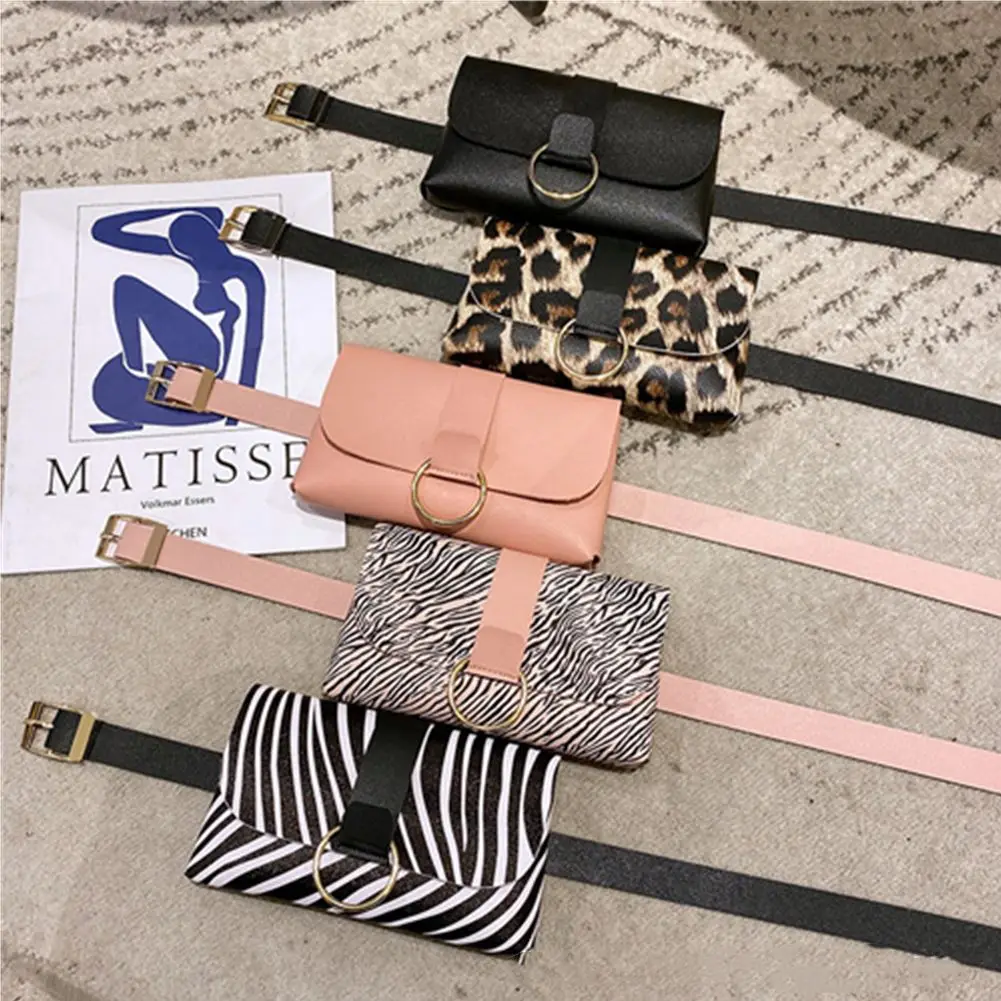 Fashion PU Contrast Color Leopard Stripe Mini Waist Bag Small Belt Mobile Phone Bag Female High Quality Flap