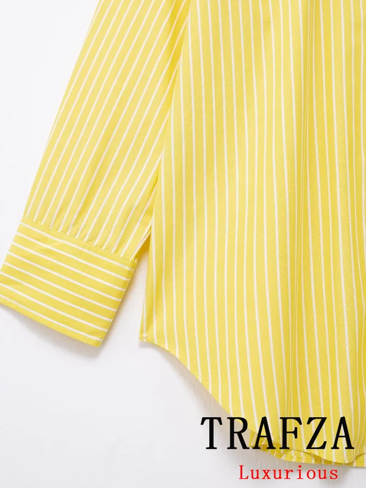 TRAFZA Vintage Casual Chic Women Suit Striped Single Breasted Long Sleeve Shirt Loose Long Pants Fashion 2024 Summer Sets