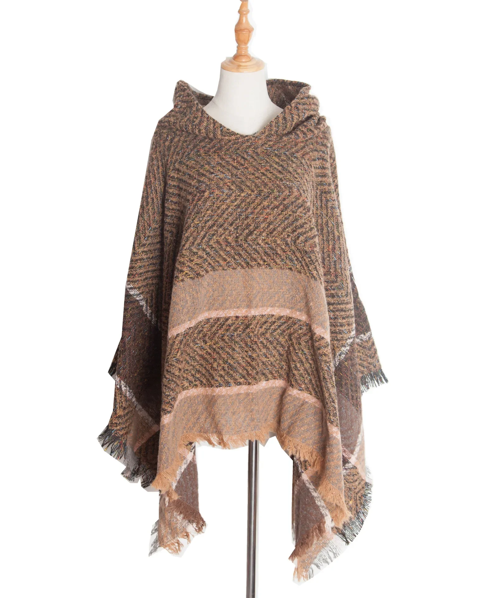 Poncho à capuche pour femme avec motif arête de poisson, cape pull, capes pour femme, nouveau, automne, hiver