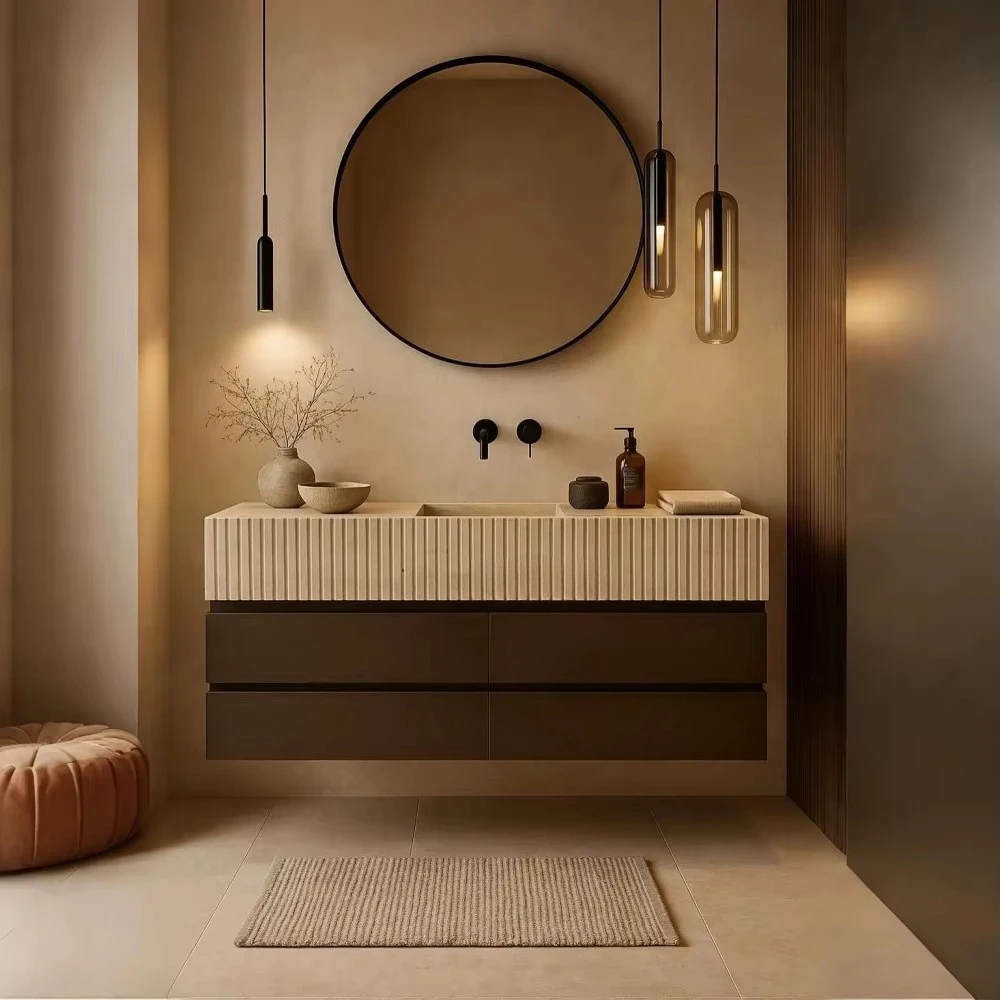 Premium Roman Travertine Floating Vanity With Drawer Modern Natural Stone Bathroom Sink Furniture