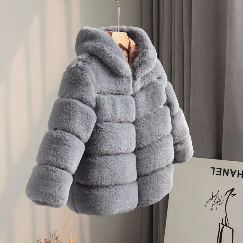 Kids Clothes Girls Fur Coats Winter Solid Faux Rabbit Fur Hooded Jacket for Babies Fashion Boy Thicken Warm Children\'s Clothing