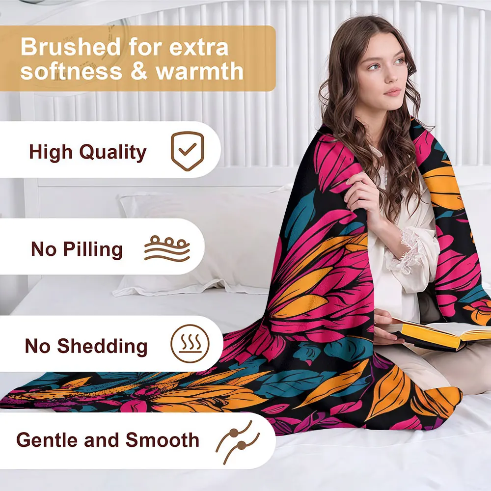 Dark Floral Lotus Print Soft Warm Flannel Blanket Lightweight Cozy Christmas Halloween Home Decor Room