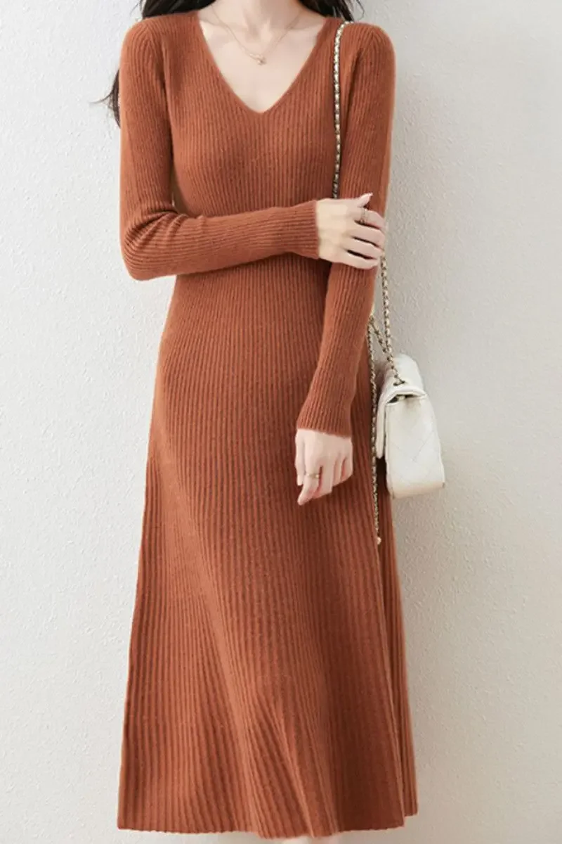

Autumn and Winter Pure Wool Dress Women's Sexy Collar Knitted Bottom Medium and Long Skirt