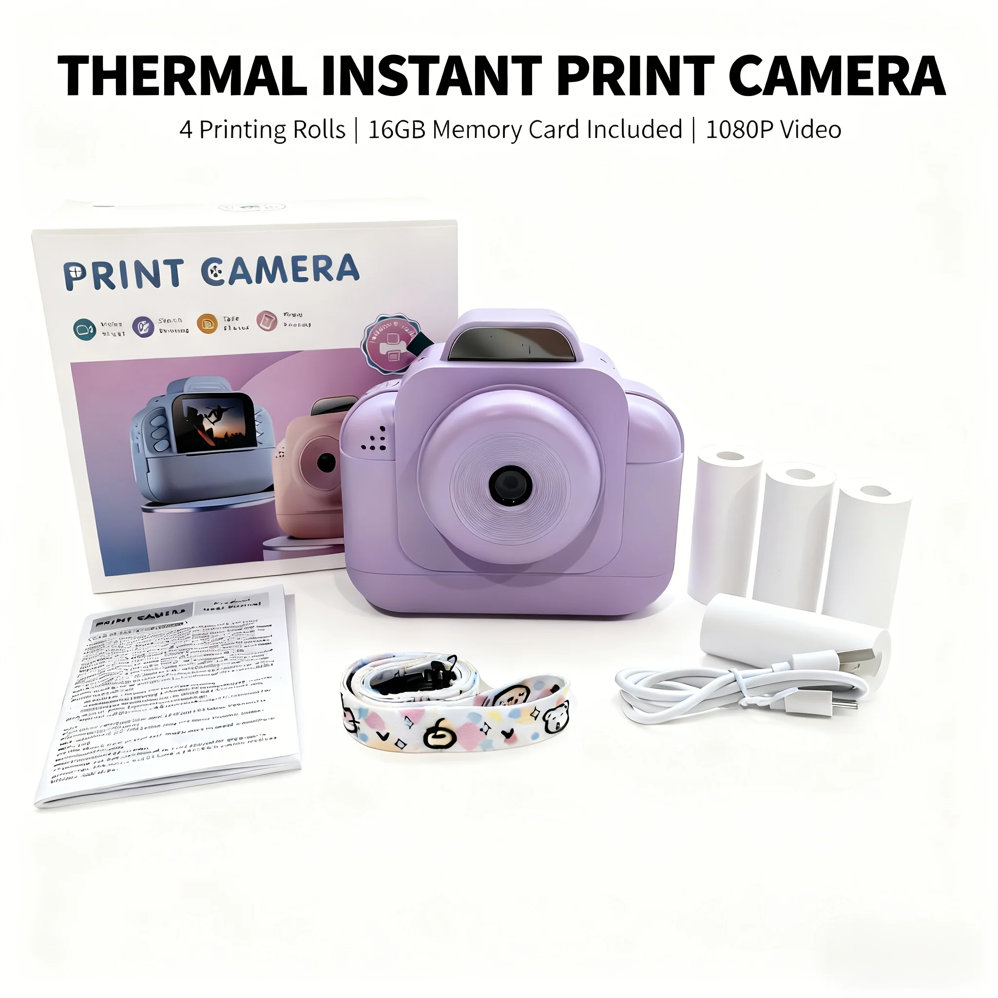 

Photo printer with 4 rolls of thermal paper+16GB card, including lanyard, suitable for birthday present/instant printing.