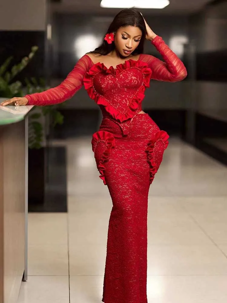 

Элегантный женский комплект из красного кружевного платья с открытыми плечами, оборками и длинными рукавами, сексуальный облегающий комплект из юбки и топа, две части