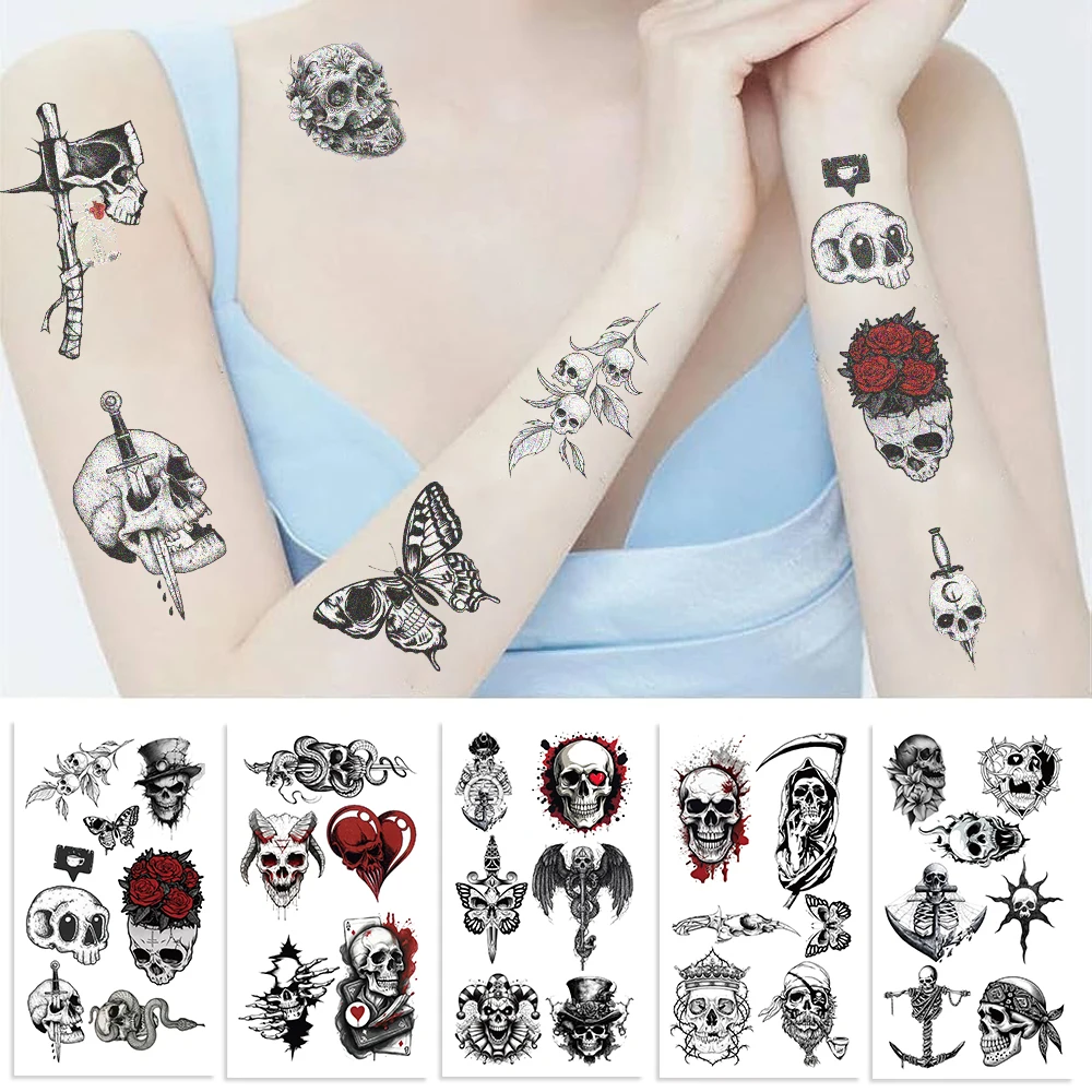 10pcs Halloween Tattoo Skull Flower for Women Men Flowers Temporary Tattoos for Hand Chest Wrists Finger Body Art