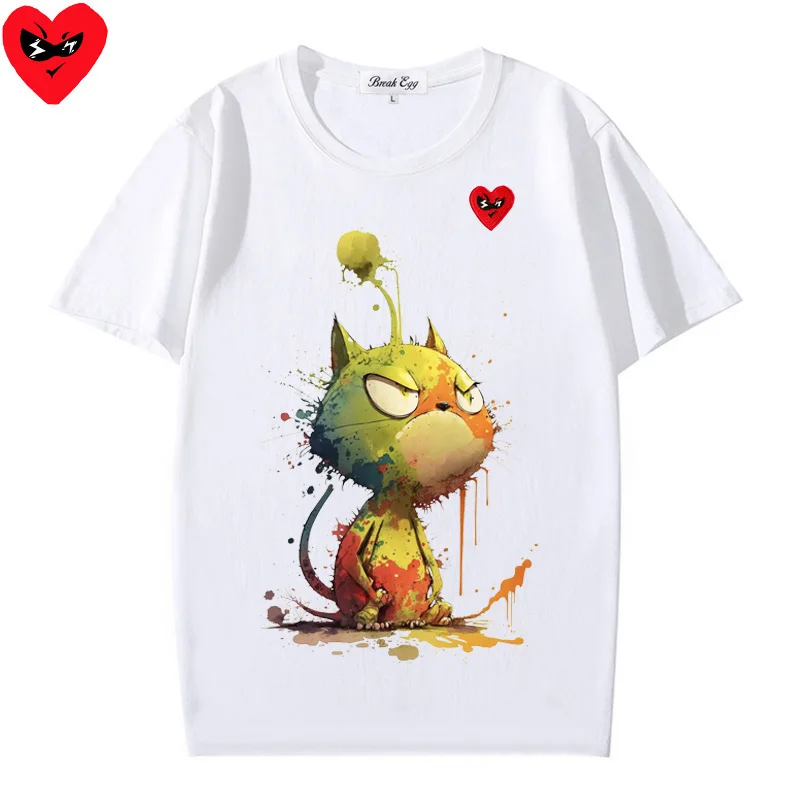 Angry Cat Cute Colorful Printing Men Women T-shirt Red Glasses Heart Embroidery Cotton O-neck Short-sleeved Straight T-shirt