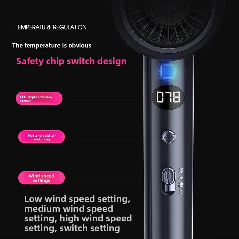 High-speed hair dryer for hair salons with strong wind force. Home use. High-power hair dryer for quick drying and hair care.
