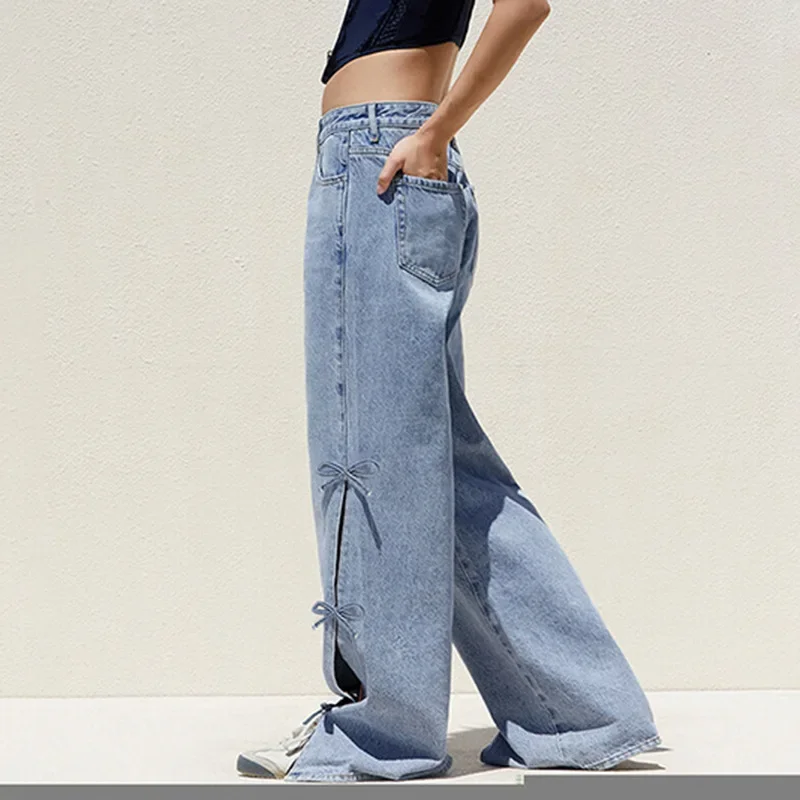 Retro gewaschene Hose aus reiner Baumwolle mit geradem Bein, lässige, lockere Hose mit niedriger Taille y2k Streetwear Bow Split Jeans Damen hose