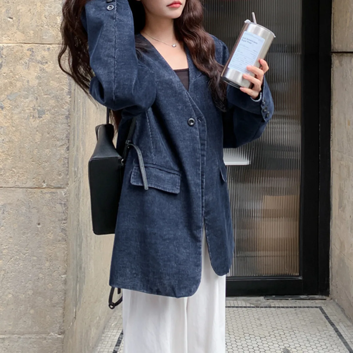 KWTX 2025 Retro Corduroy Denim Blazer Women’s Colorblock Patchwork Single Button V-Neck Jacket High-Quality Autumn Office Outfit