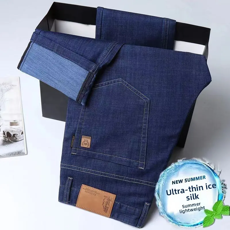 

Новые летние джинсы из ледяного шелка для мужчин: свободные, прямые, эластичные, повседневные, больших размеров, тонкие, хлопковые, эластичные джинсовые брюки