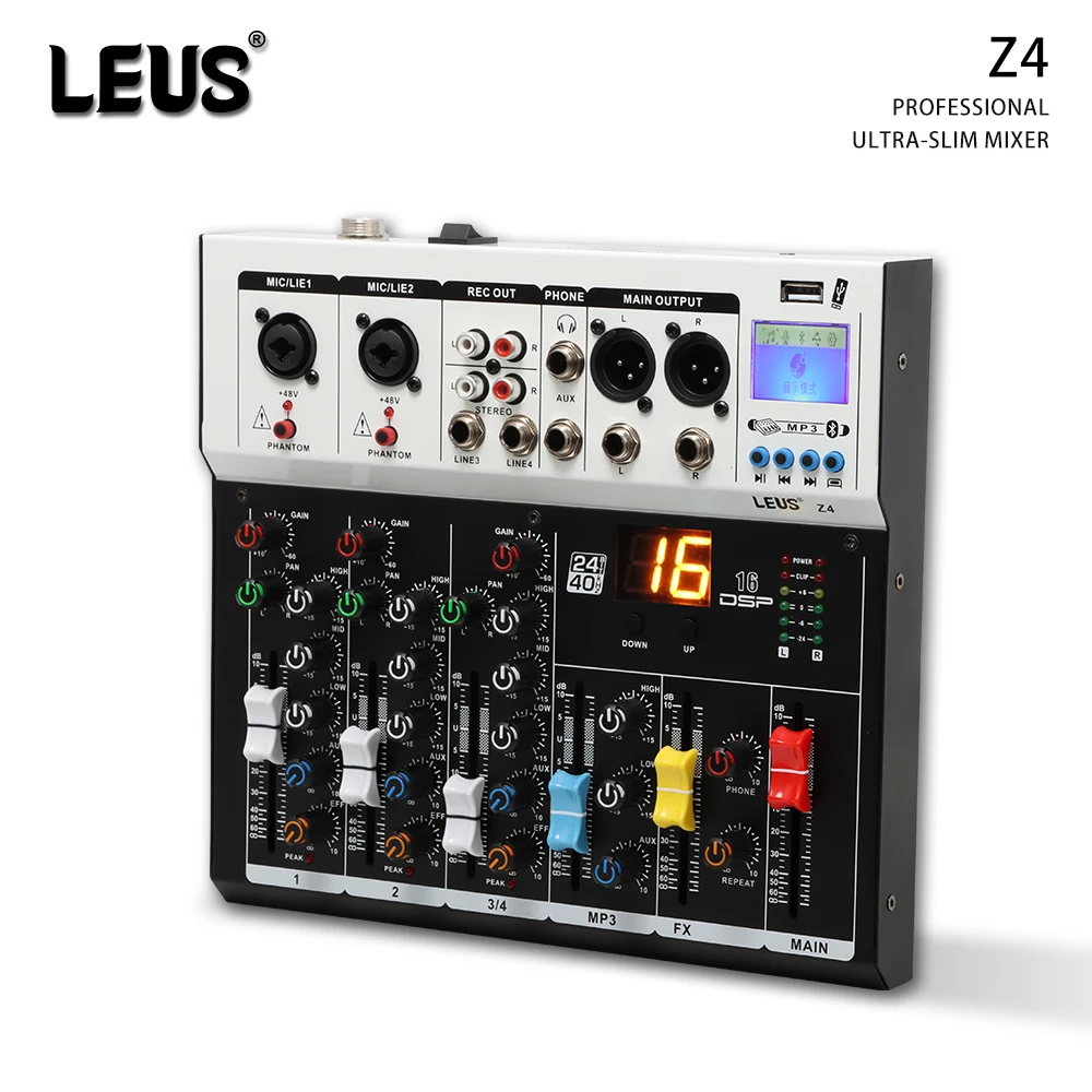 LEUS Z4 Mixing Console Audio Interface Bluetooth USB Record PC 48V Phantom Power Delay Repaeat Effect 4 Channels DJ Sound Mixer