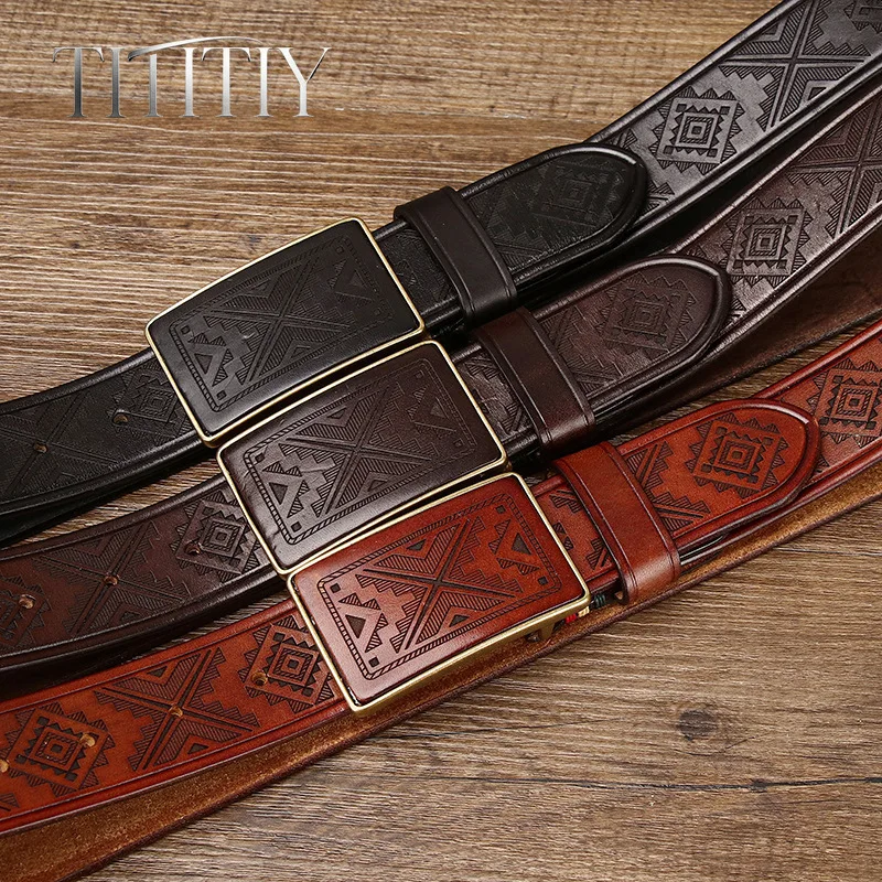 Genuine Leather Handmade Vintage Laser-Engraved Totem Men's Belt, Thick Cowhide Pure Copper Smooth Buckle Waist Band 38mm