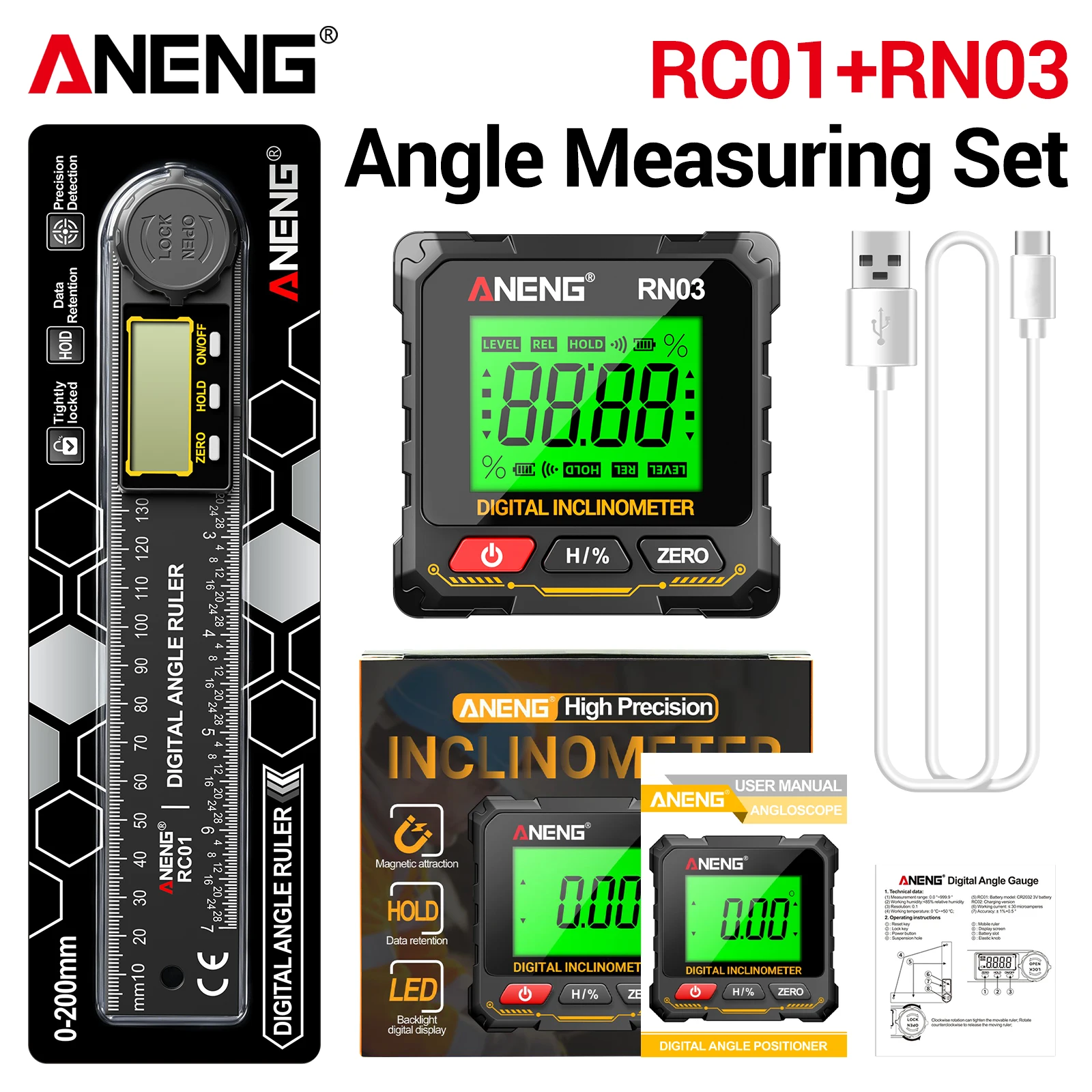 ANENG RN03 Hoekniveaumeter Laser 360 ° Automatisch kantelbaar scherm, vierzijdige sterke magneet RC01 digitale hoek-multifunctionele schaaltool