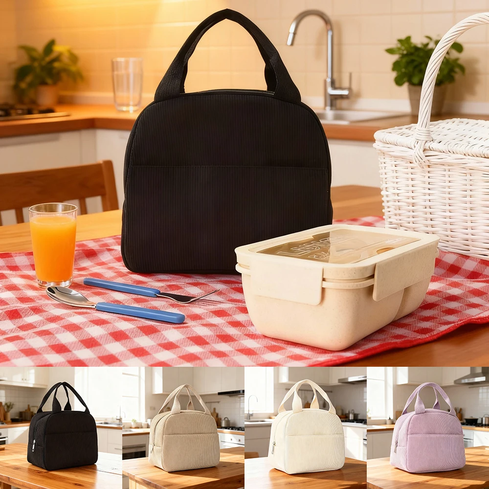 Vintage-inspirierte Camping-Kühltasche – Handlunch-Tasche aus weichem Cord mit Aluminiumfolienfutter, Reißverschluss und Picknickmatte F