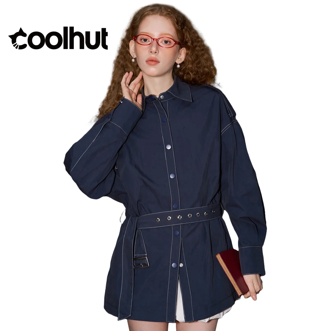 

COOLHUT женский винтажный однобортный плащ средней длины с воротником рубашки и длинными рукавами, минималистичная осенняя куртка, повседневная верхняя одежда