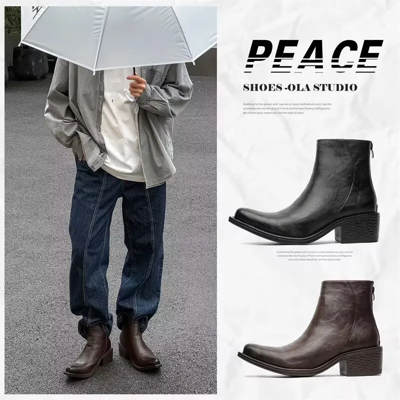 2026 Increase British Style Fashion Thick-soled Men's Chelsea Niche Wizard Big Upturned Motorcycle Boots