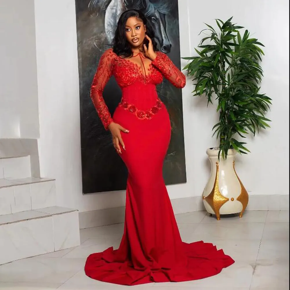 Luxury Red Beading Mermaid Prom Dresses Elegance African Wedding Reception Dress Aso Ebi Style Bridal Party Dress Customized