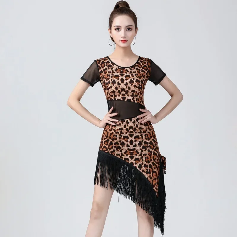 New High-end Slimming Short Sleeved Fringe Slit Dress Red Training Clothing Latin Dance Attire for Adult Women in All Seasons