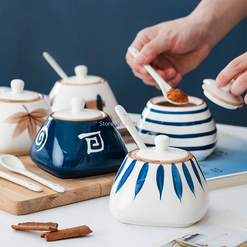 Japanese Style Ceramic Seasoning Pot Set Kitchen Salt Shaker Seasoning Box Bottle Sugar MSG Pot