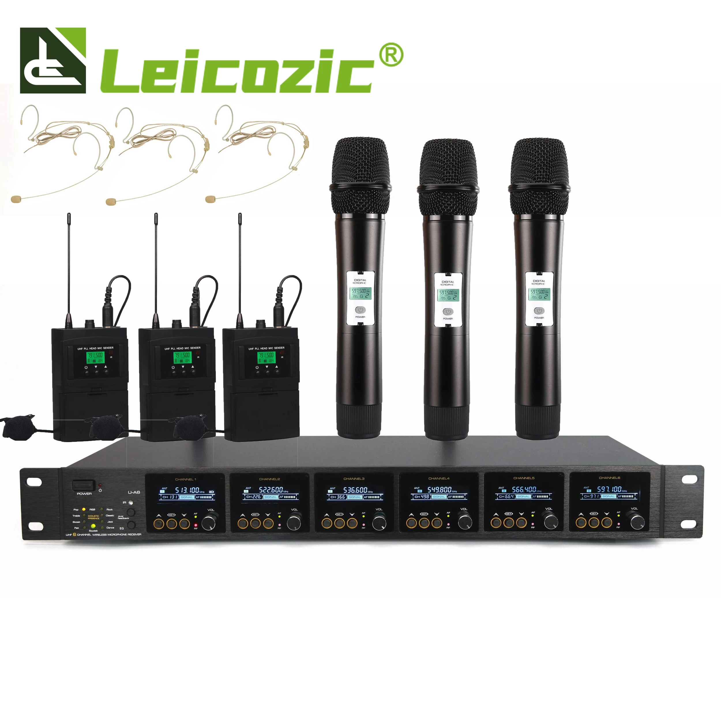 

Leicozic 6 Channel Digital 1000 Frequency Professional Wireless Microphone 80Meter UHF Hand / Lapel Mikrofon Headset Microfone