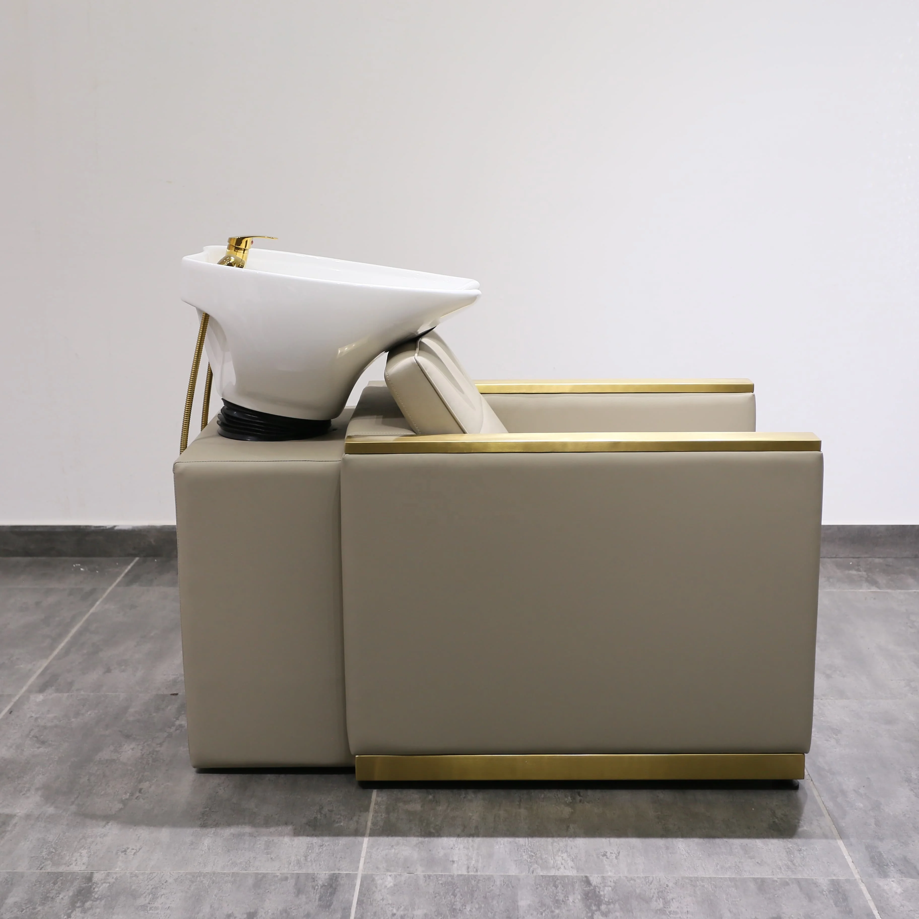 كرسي غسيل الشعر بالشامبو الذهبي من Hotsell Salon Furniture مع وعاء أبيض لكرسي غسيل الشعر بلون كريمي #2