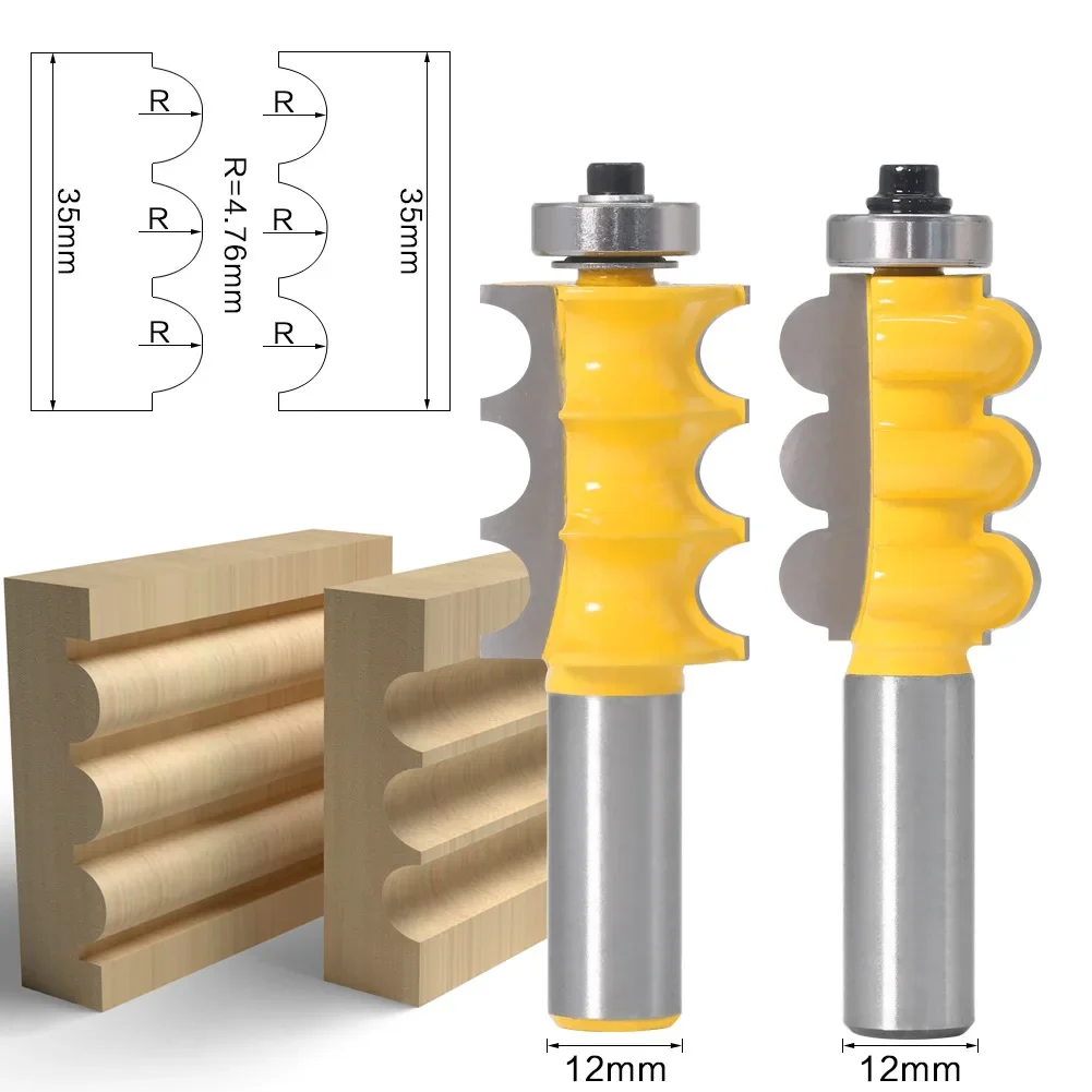 2PC 1/2 12mm Shank Triple Bead & Triple Flute Large Molding Router Bits Set Line knife Woodworking cutter