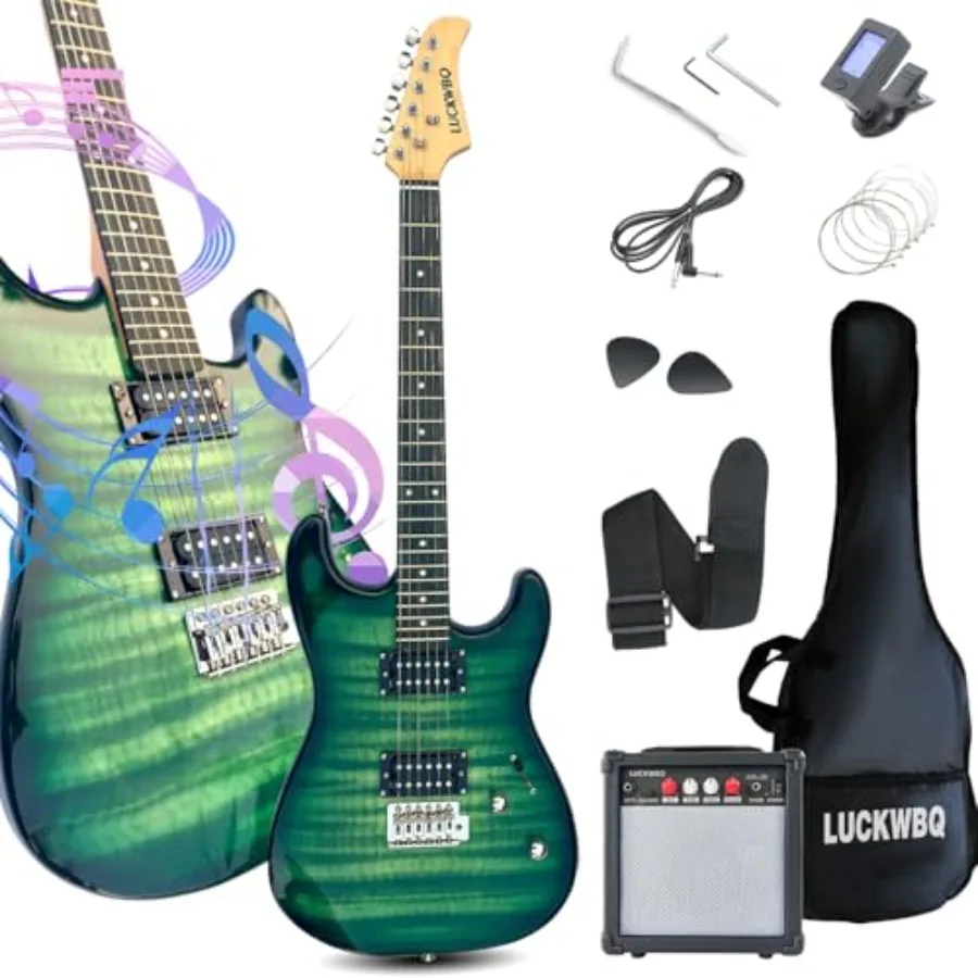 

Полный комплект электрогитары в стиле ST, 39 дюймов, с звукоснимателями HH, портативным усилителем 20 Вт, тюнером, чехлом, ремнем и аксессуарами, цвет «зеленый пламенеющий»