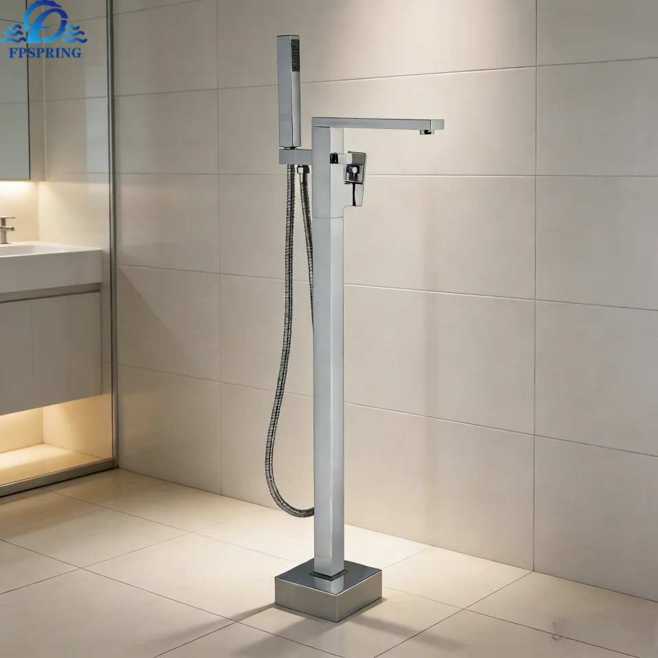 New Arrivals Chrome Polished Single Brass Floor Free Stand Shower Faucet Set Shower Head Hand Shower Thermostatic Rain Spray view 4