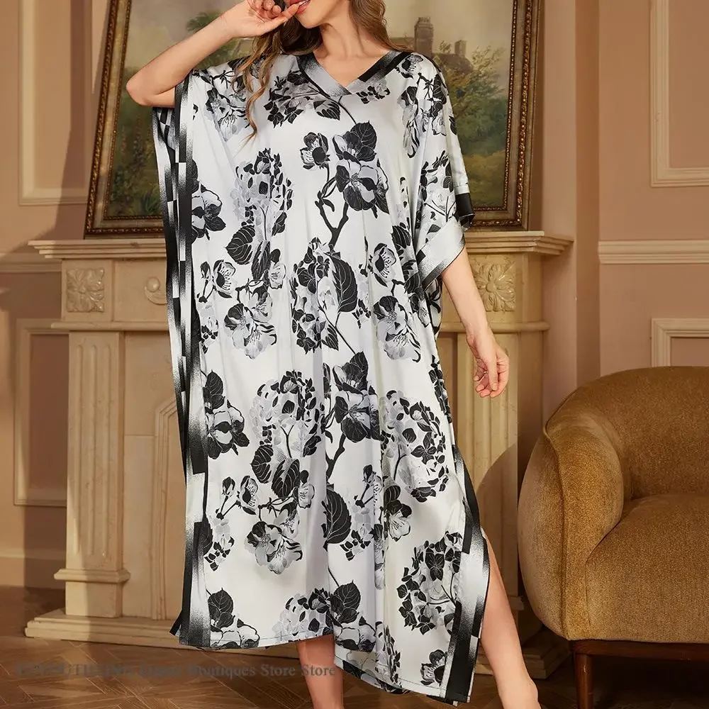 Large Size Female Long Nightgown Sexy Print Flower Nightd Ress Sleepwear Home Clothing Loose Silk Satin Loungewear Lingerie