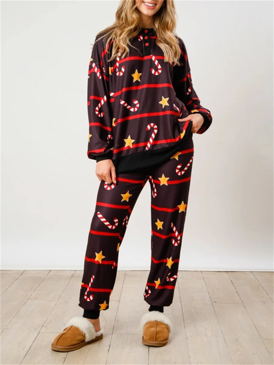 Women Candy Cane Christmas Pajamas Striped Lounge Set Xmas Pjs Set Tracksuit Holiday Print Jammies Sleepwear