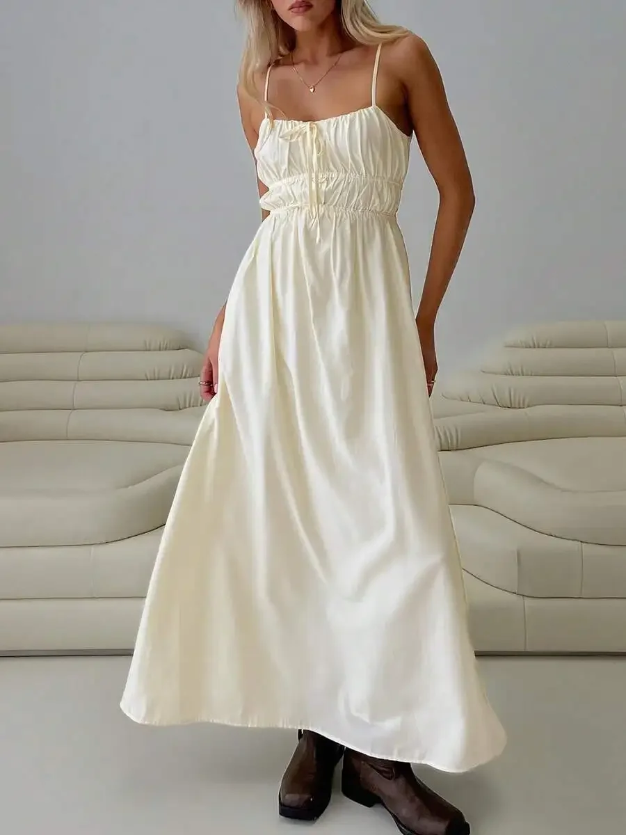 

Women Summer Spaghetti Strap Ruched Waist Maxi Dress Casual Sleeveless Solid Flowy Long Dress