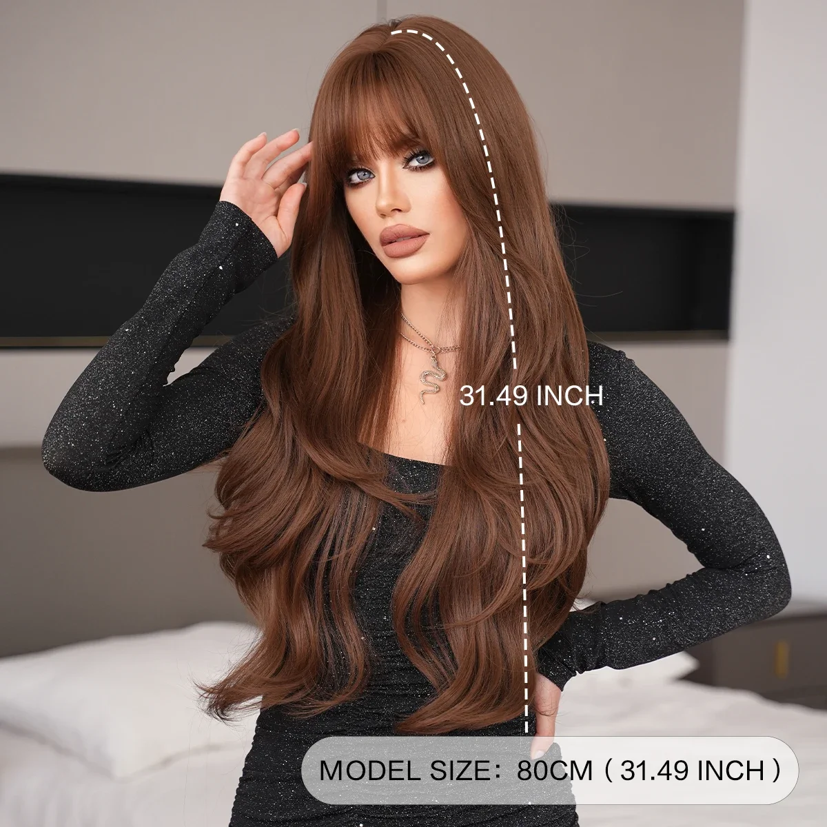 NAMM Long Loose Body Wave Brown Wig for Women Daily Use Cosplay High Density Synthetic Layered Wigs Natural Looking With Bangs