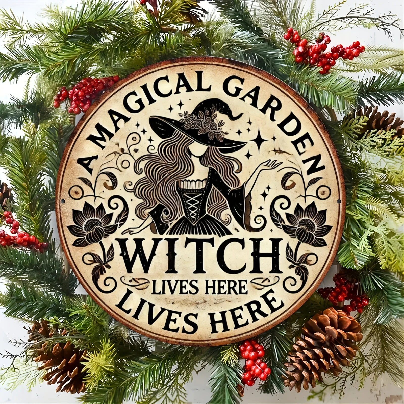 1pc Enchanting Garden Witch Metal Wall Sign - Round Witchy Decor with "A Magical Witch Lives Here" Banner - Aluminum Foil Sign view 5