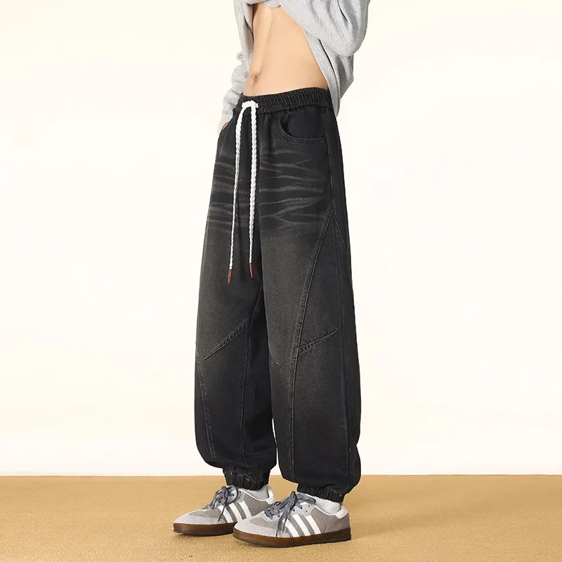 Street Style Washed Men's Jeans Elastic Waist Man Pants Plus Size Spring Autumn Casual Joggers