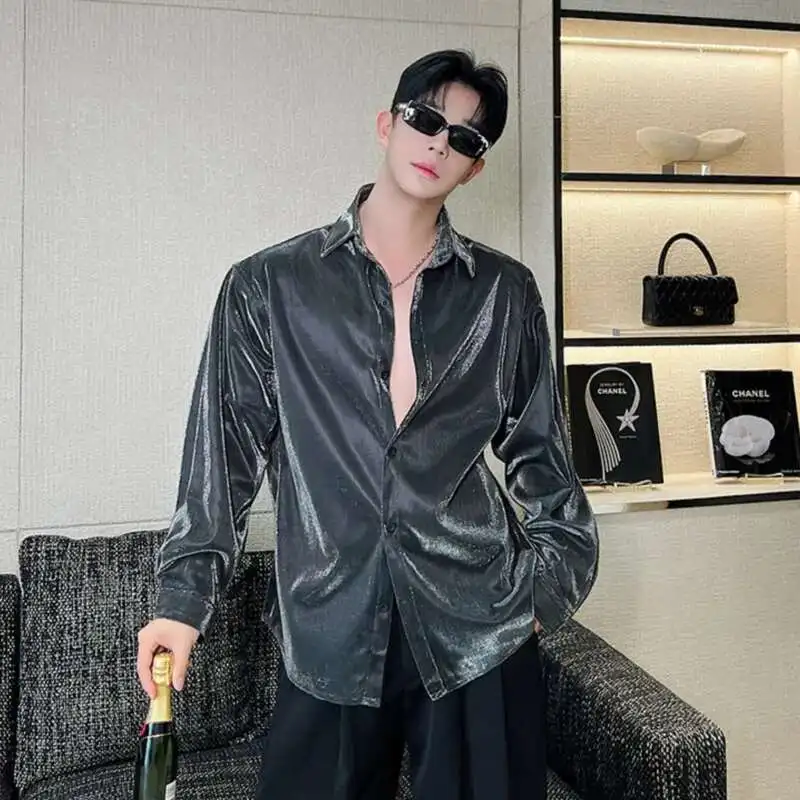 IEFB Korean New Chic Men Casual Shirt Trendy Liquid Metal Variable 