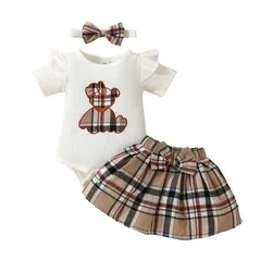 0-18 Months Summer Newborn Baby Girl Clothes Outfits Cartoon Bear Embroidered Short Sleeve Bodysuit Plaid Skirt with Hairband