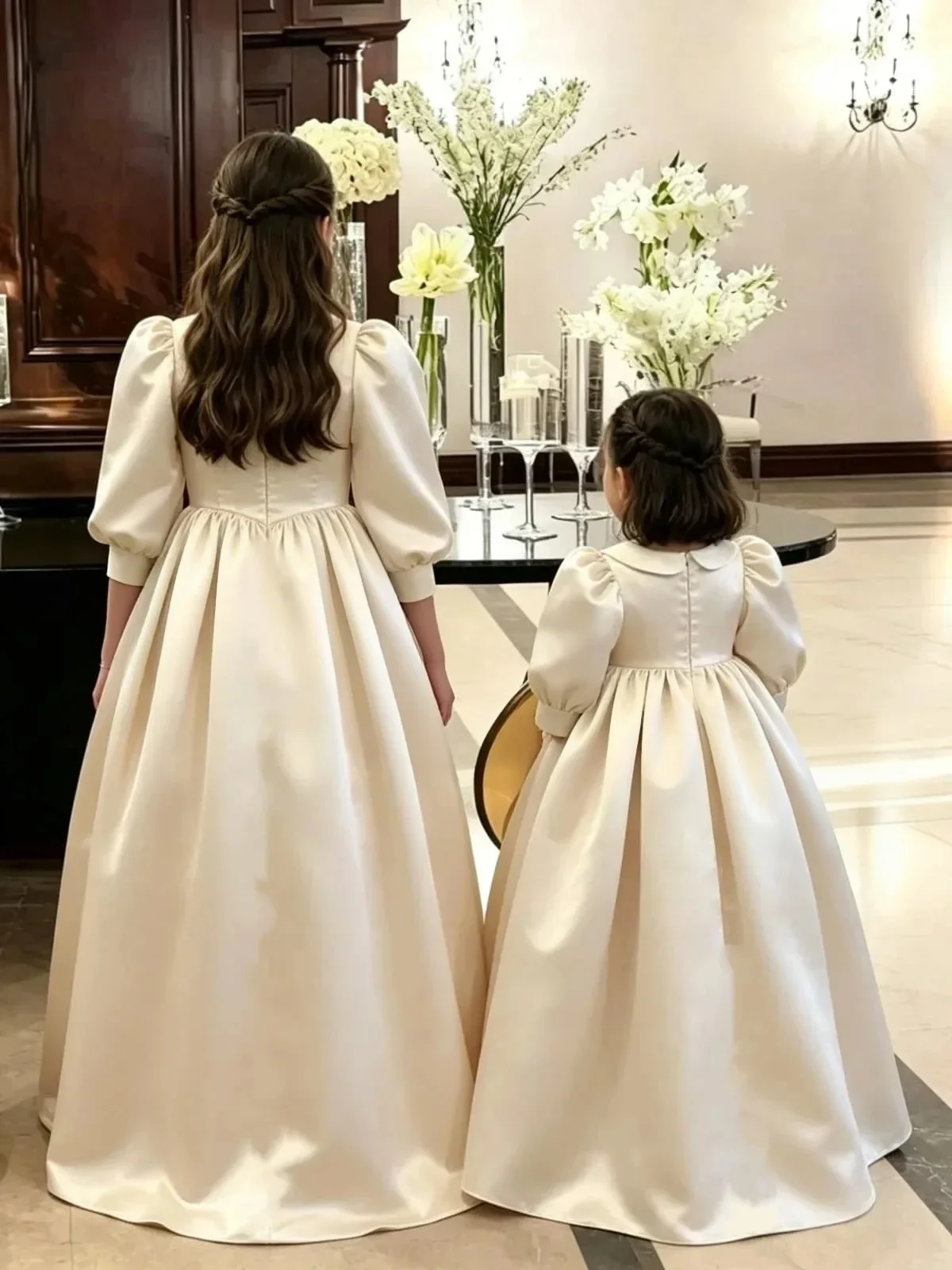 Custom light luxury dress women wedding guest gown girls wedding gown birthday party pageant puff sleeve satin bow tie long gown