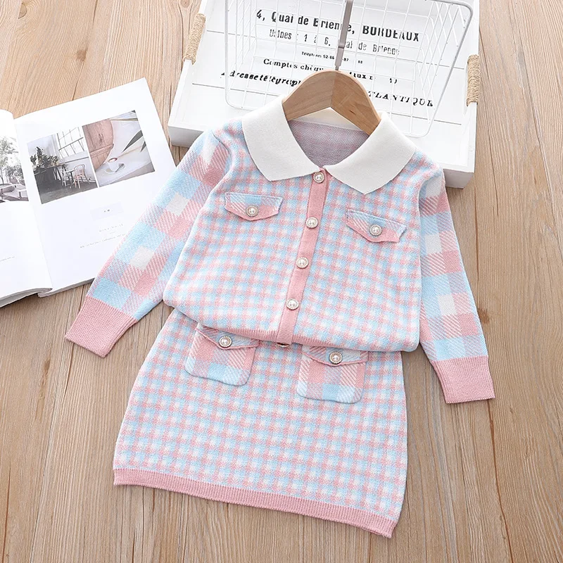 Menina primavera e outono inverno pequeno vento perfumado conjunto de lã bebê menina gola polo casaco hip envoltório saia curta conjunto de duas peças