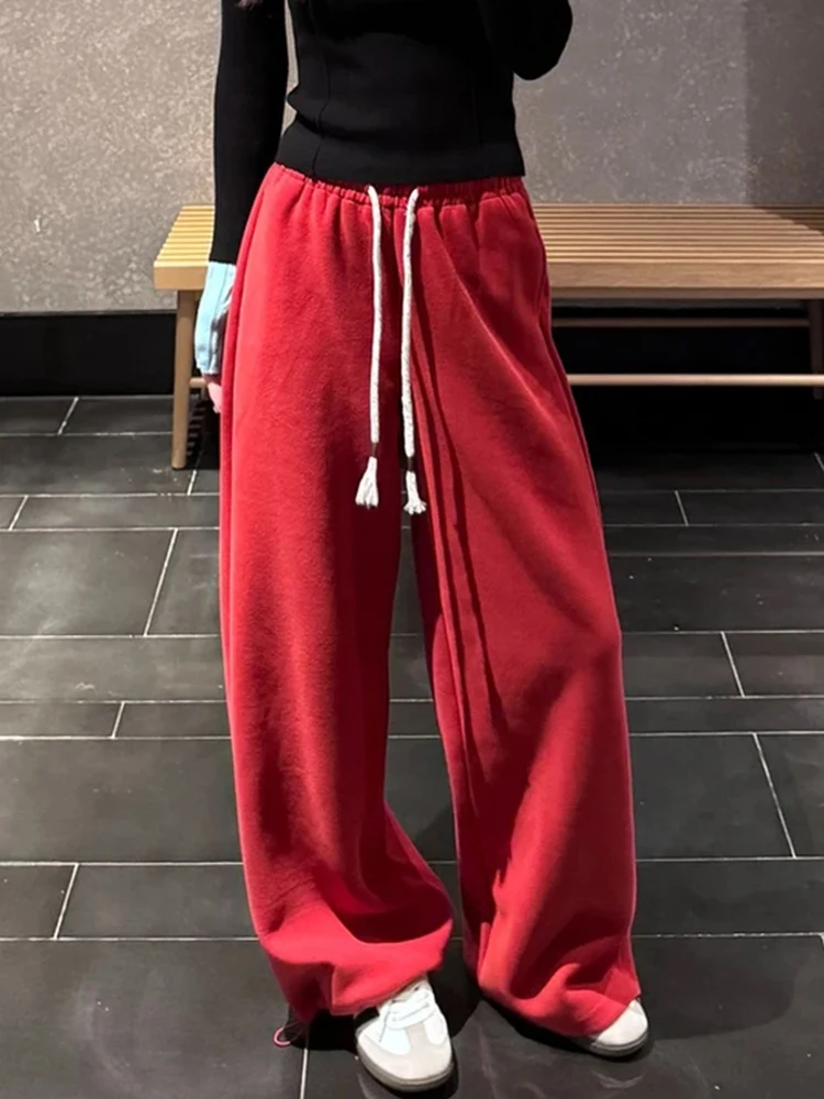 

Корейские женские прямые повседневные брюки из утолщенного флиса, свободные широкие брюки с манжетами, зимняя новинка