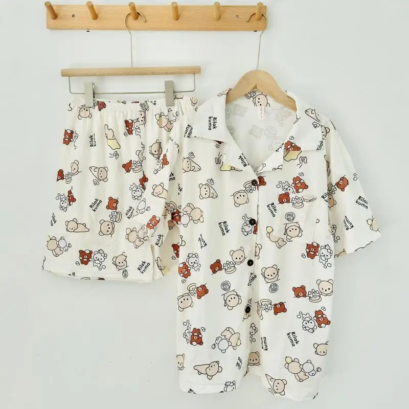 New Kawaii Cute Rilakkuma Pajamas Summer Loose Short Sleeved Pants Three Piece Set for Otaku Loungewear Ins Gift For Girls