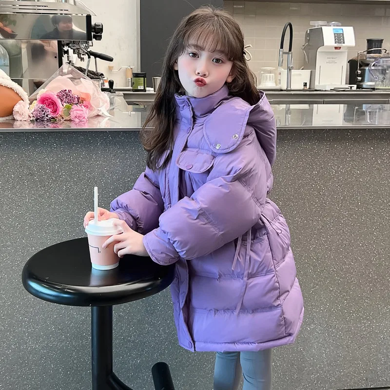 

Girls' Winter Coat Thick Cotton-padded Jacket Kids Clothing 2025 New Children's Warm Hooded Outerwear Parkas Pure Color