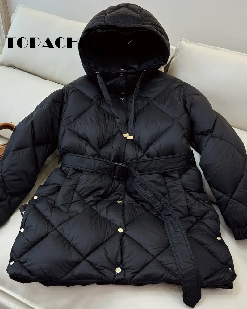 9.5 TOPACHIC-Women Hooded Mid-Length Sashes White Down Outerwear Quilted Argyle Plaid Solid Color Button Down Jacket