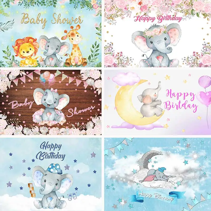 Elephant Party Backdrops Children Kids Birthday Photography Cake Smash Moonlight Flowers Stars Background Photo Shoot Studio