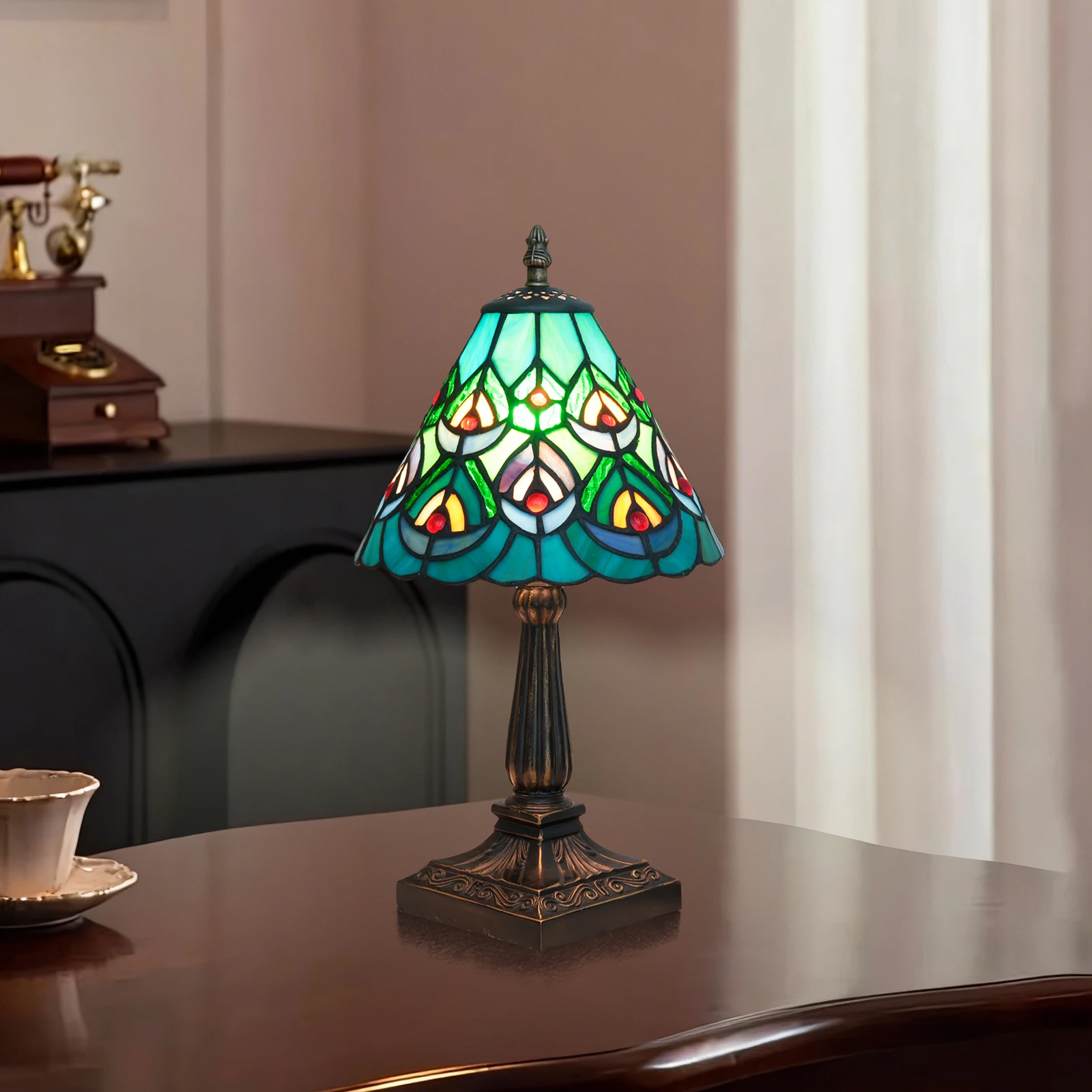 Small Tiffany Peacock Table Lamp, 8 Inch Antique Stained Glass Lamp for Bedroom Living Room Home, Handcrafted Light