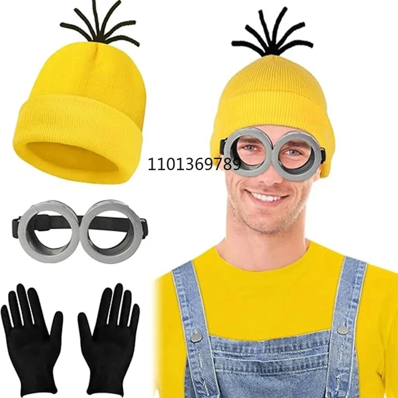 disfraz Anime Minions Cosplay Costume Yellow Beanie Stretchy Gloves Steampunk Goggles Halloween Party Costumes for Adult