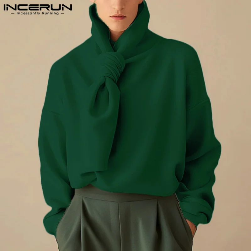 INCERUN 2024 New Mens Autumn Sweatshirts Cape Neck Tie Up Solid Color Long Sleeve Warm Pullovers Casual Solid Male Hoodies S-5XL