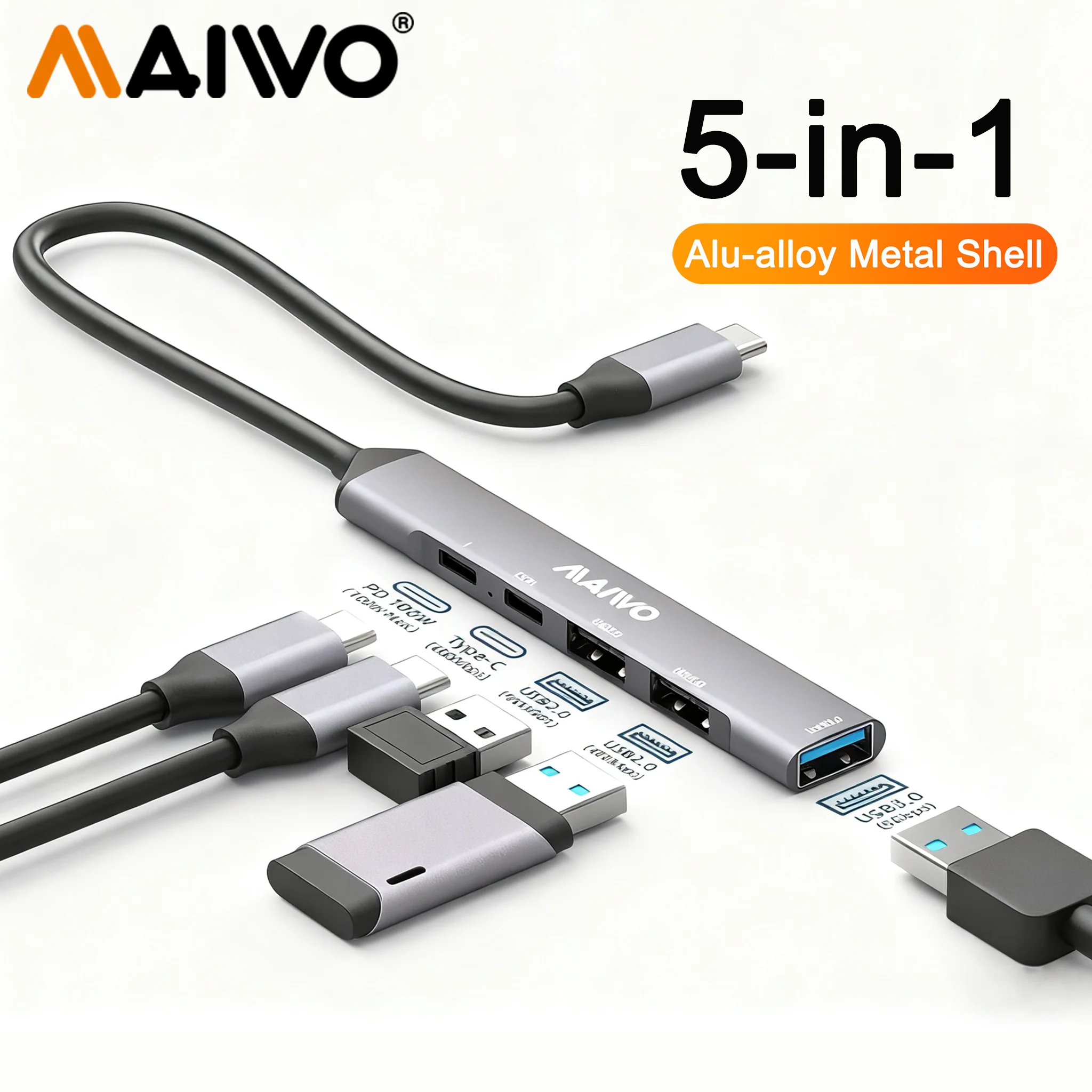 

MAIWO USB C Hub 5-in-1 USB 3.0 Hub with 100W PD/Type-C/USB3.0/USB2.0 Ultra-Slim Splitter Expander for Laptop MacBook iPad Pro ﻿