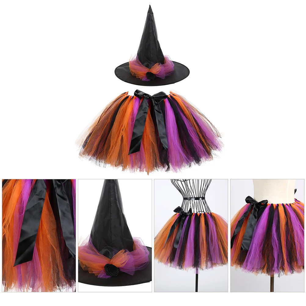 ชุดแม่มดฮาโลวีน 1 ชุด ประกอบด้วยหมวกและกระโปรง ดีไซน์สีสันสดใส สำหรับเด็ก แต่งตัวในงานวันเกิด งานแสดง ถ่ายภาพ