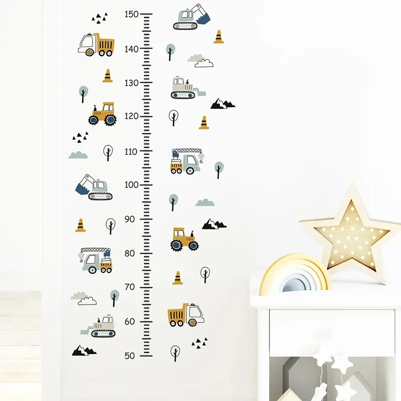 Cartoon Wall Stickers Height Measurement for Boys Room Cars Truck Tractor Bulldozer Height Grow Up Chart Wall Decals Baby Room